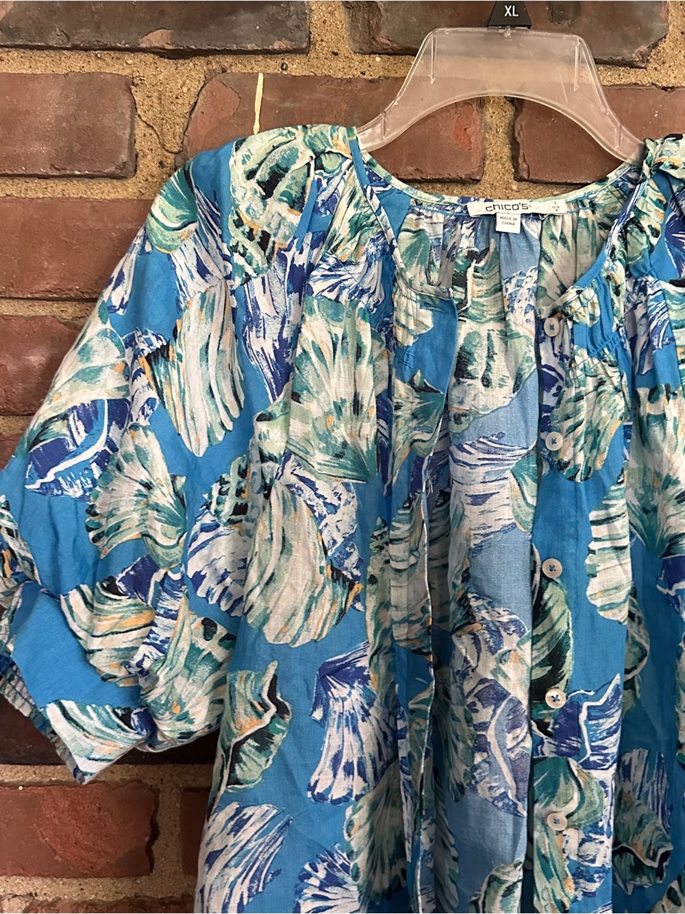 Chico’s Shell Print Ramie Blend Blouse Poolside Blue Resort Beachy size 1